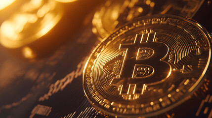 Close-Up of Bitcoin Coins with Golden Lighting