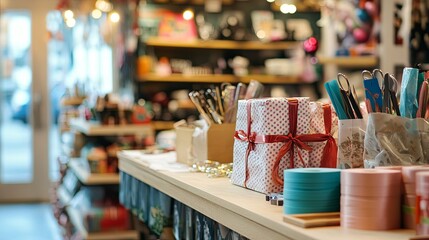 A gift wrapping station in a shop with ribbons wrapping paper and scissors neatly organized
