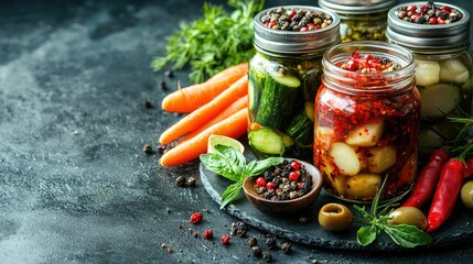 Jars of Homemade Pickled Vegetables and Spices
