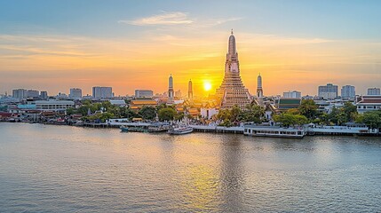 Obraz premium Sunset over Arun Temple, Bangkok, Thailand. Riverfront cityscape. Travel tourism.