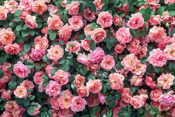 Fototapeta premium A wall of pink roses in full bloom, showcasing intricate details and natural beauty, with delicate texture and soft petals. Perfect concept for Women's Day, Mother's Day, Valentine's Day, Girl’s Day.