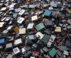 A jumbled collection of electronic scraps with different colors and textures, motherboards, wires, discarded gadgets