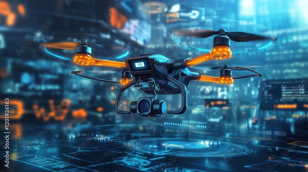 Poster a vibrant depiction of an advanced drone with sensors and cameras hovering over a tech demonstration