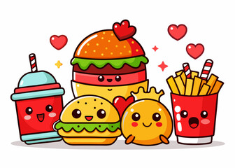 Cute cartoon fast food characters in kawaii style with cheerful expressions