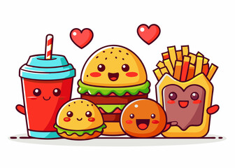 Cute cartoon fast food characters in kawaii style with cheerful expressions