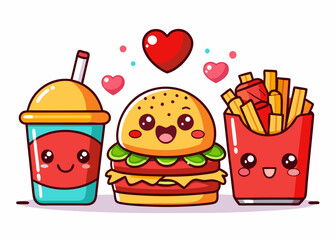 Cute cartoon fast food characters in kawaii style with cheerful expressions