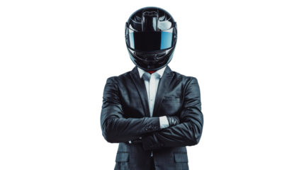 A stylish figure in a suit with a helmet stands confidently with arms crossed, representing the fusion of business and adrenaline in modern culture.