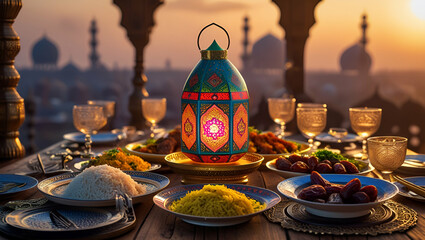 Fototapeta premium Warm and Inviting Traditional Iftar Meal with Delicious Dishes
