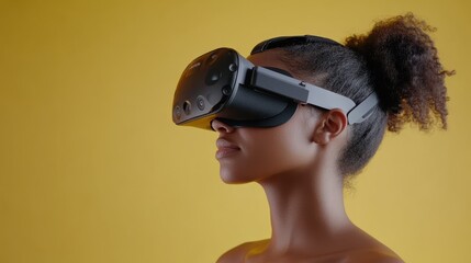 Fototapeta premium A young woman, captivated by virtual reality, dons a VR headset against a vibrant yellow background, embodying the fusion of technology and imagination.