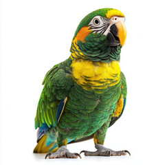 Vibrant green parrot with yellow and blue accents, standing proudly
