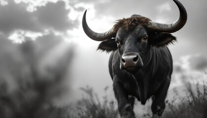 Naklejka premium Majestic Black Bull Dramatic Portrait Powerful Horns