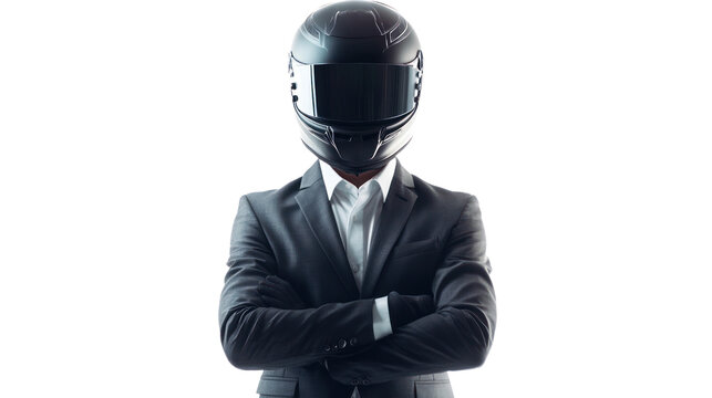 A confident individual in a suit with a motorcycle helmet stands with arms crossed, showcasing a blend of professionalism and adrenaline in lifestyle.