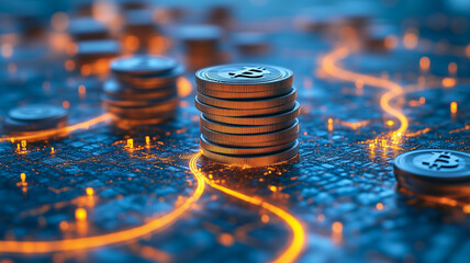 Financial Growth Path: A stack of coins rises prominently on a stylized map of glowing pathways, symbolizing financial growth, investment, and the journey to prosperity.