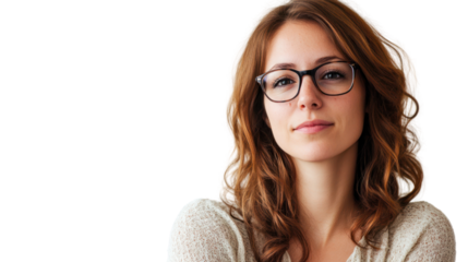 A young woman with glasses and wavy hair, exuding confidence and curiosity, perfect for themes of individuality, empowerment, and modern lifestyles.