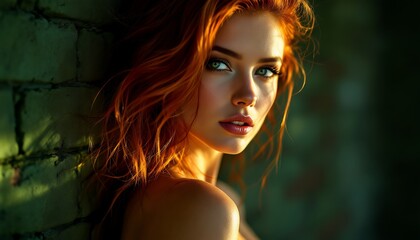 Stunning Redhead Woman Portrait Photography Green Background