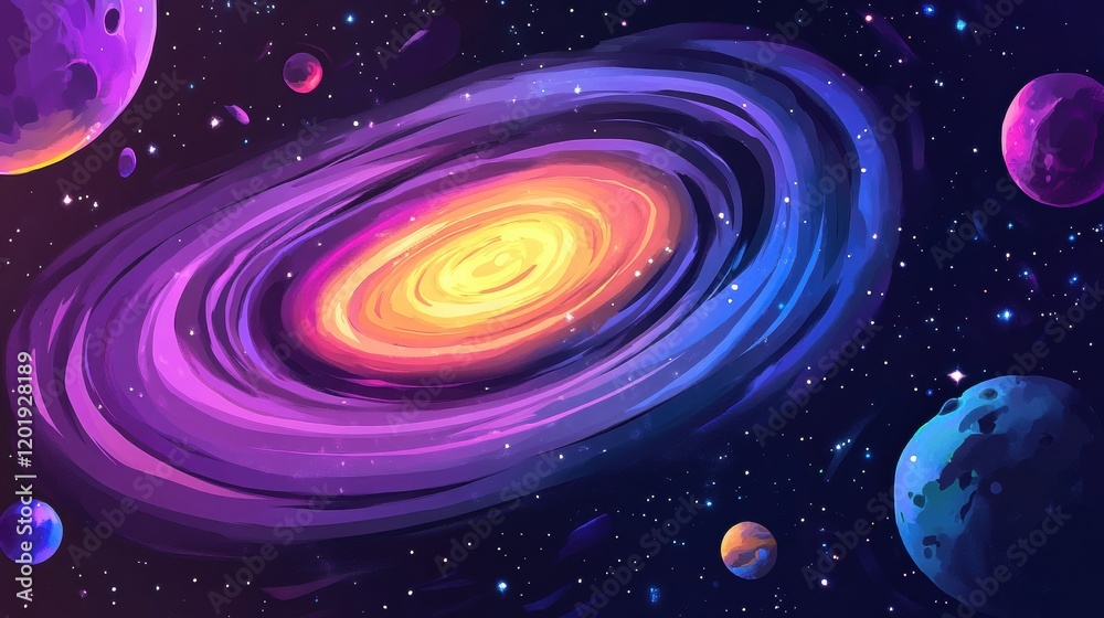 Poster colorful galaxy with vibrant swirling nebula and glowing planets in deep space. generative ai