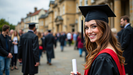 A joyful graduate in a black cap and gown holds her diploma, smiling brightly.