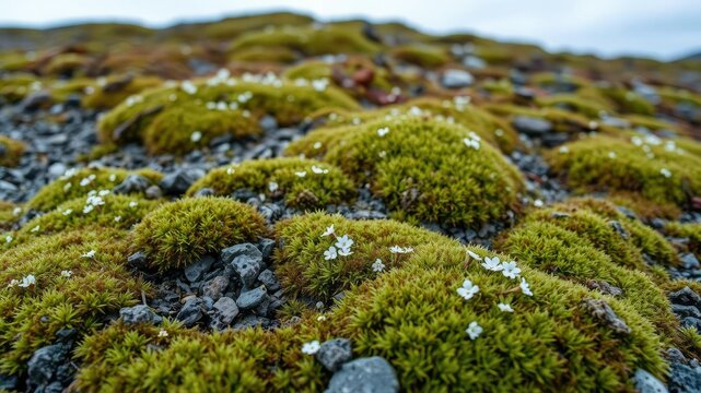 Arctic Spitsbergen ground with saxifrage and moss growth, ground, permafrost