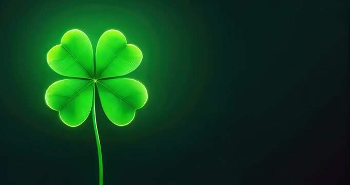 Neon shining four-leaf shamrock leaf banner on Saint Patrick day with copy space on dark green background.