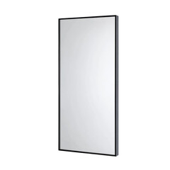 A modern rectangular mirror with a thin black frame is mounted on a white wall.