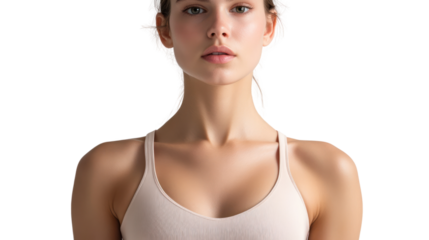 A serene young woman gazes confidently into the camera, showcasing a natural beauty and poise that captures attention and inspires self-confidence.