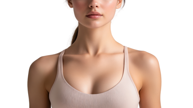 A woman posing confidently with a serene expression in a minimalistic setting, exuding strength and grace in her athletic outfit.