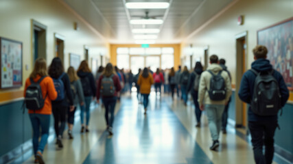 A bustling school hallway filled with students in colorful attire, creating an energetic atmosphere.
