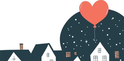 Fototapeta premium Charming Houses with Heart Balloon in Flat Design Vector Art