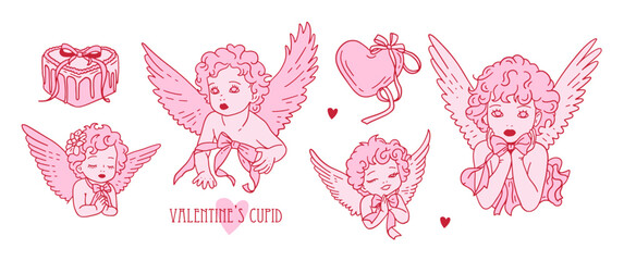 Obraz premium Valentine cupids set, pink cute baby angels wit wings. Romantic child cartoon characters, heaven girls with wings coquette print. Vector contour hand drawn illustration