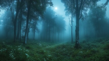 Fototapeta premium Moonlit misty forest path, night scene