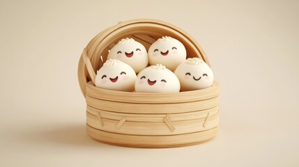 Happy bao buns in bamboo steamer, beige background, food blog