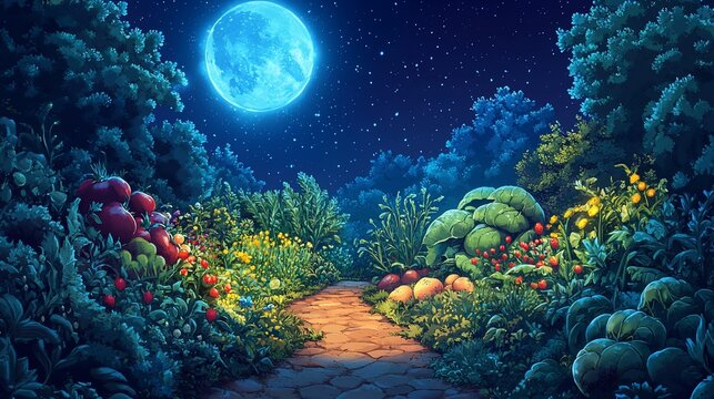 Moonlit garden path, vegetable plants, nighttime scene, fantasy illustration, game background