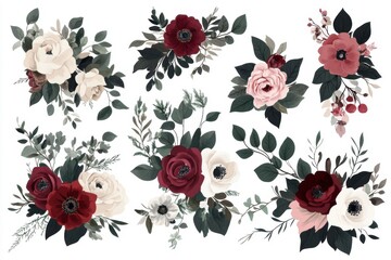 Charming floral compositions with diverse blooms and lush greenery for wedding decor, greeting cards, or artistic prints tailored for nature enthusiasts and event planners