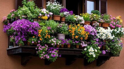 Fototapeta premium Colorful flowers bloom on a balcony overlooking a building