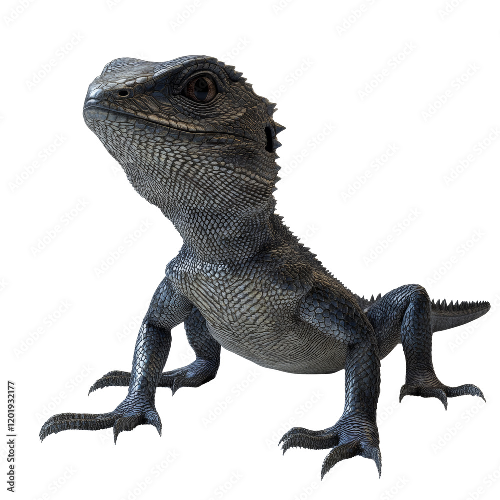 Poster a 3d rendered image of a juvenile black thorny dragon posed against a plain white backdrop.
