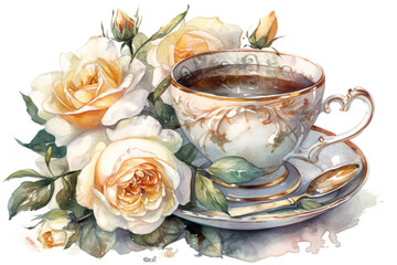 Fototapeta premium a cup of tea and a rose on a white background., watercolor painting , Generative AI