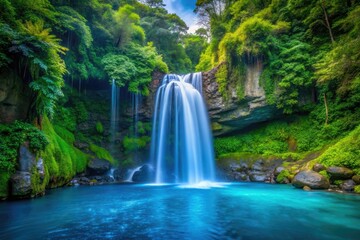 Fototapeta premium Blue dripping waterfalls down a stone cliffside, with lush green foliage in the background, scenic spot, erosion, water feature, riverbed, turquoise