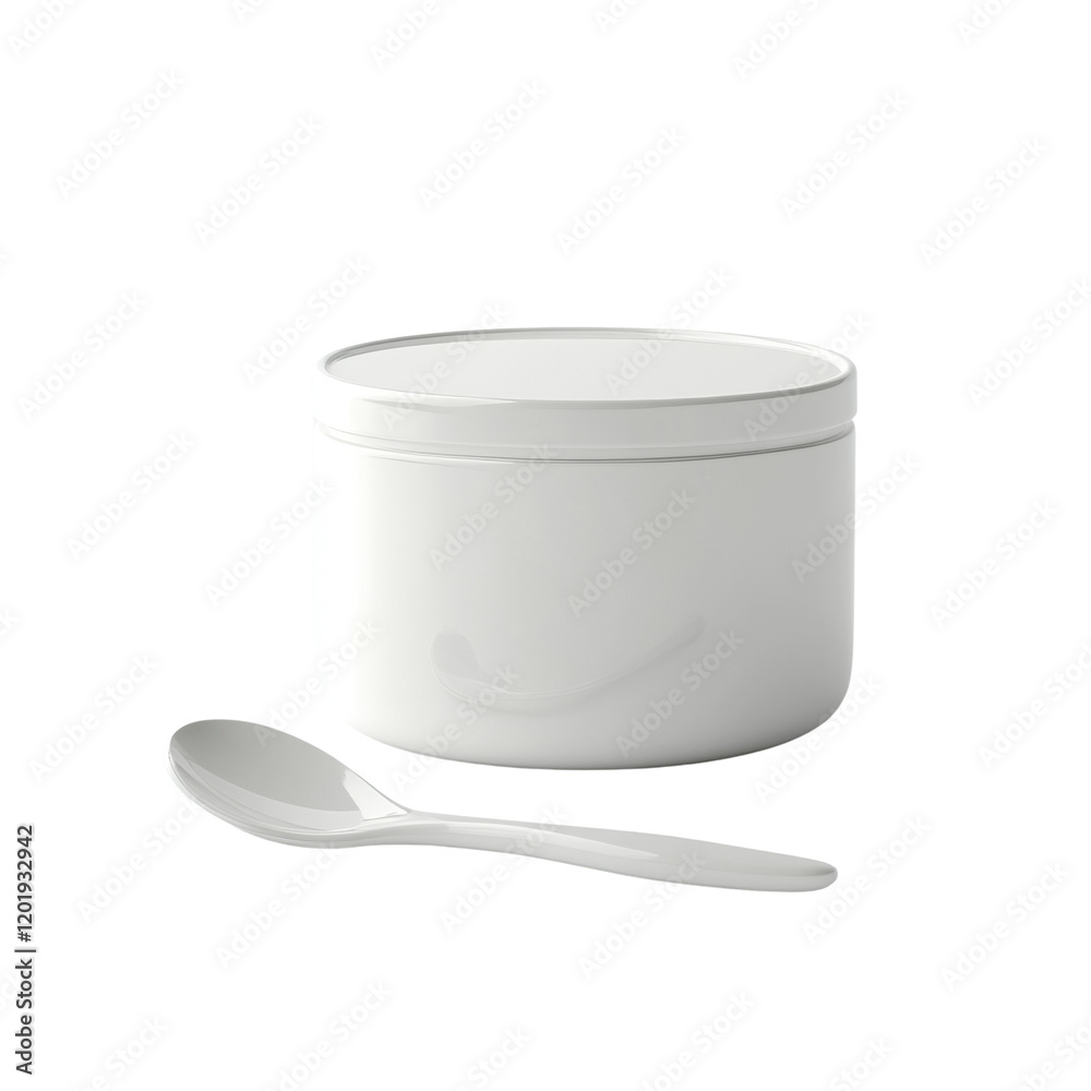 Leinwandbilder a clean white cylindrical container and a small spoon are shown against a white background creating 
