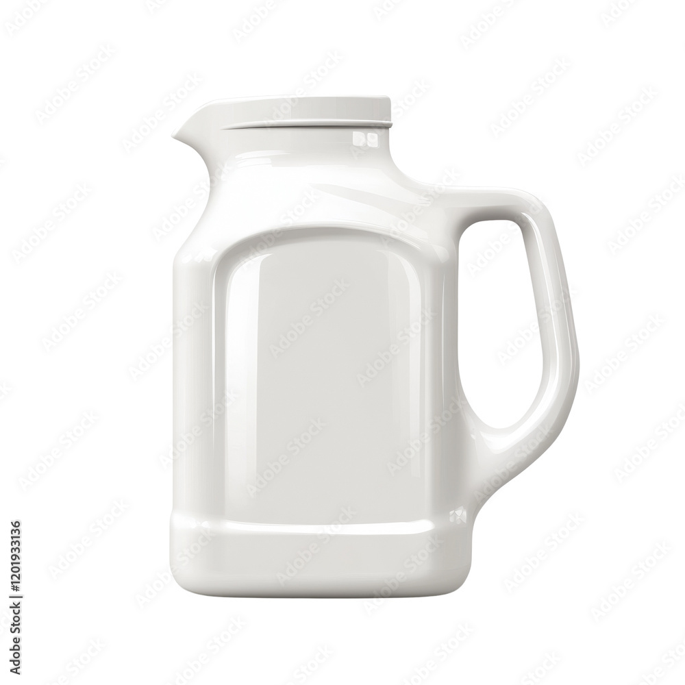 Aufkleber A clean white plastic container with a handle and a lid is shown against a white background.  It is a 3D rendering ideal for product mockups.