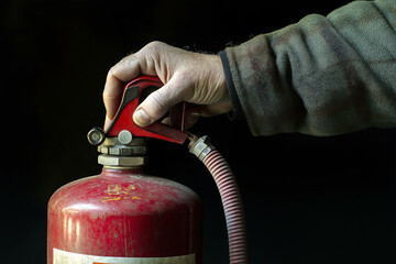 Naklejka premium A close-up shot of a hand gripping the handle of a fire extinguisher, ready to activate it.