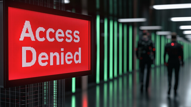 Access Denied:  A stark red "Access Denied" sign dominates the foreground, set against a futuristic server room corridor where two figures walk away, creating a sense of mystery and restricted access.