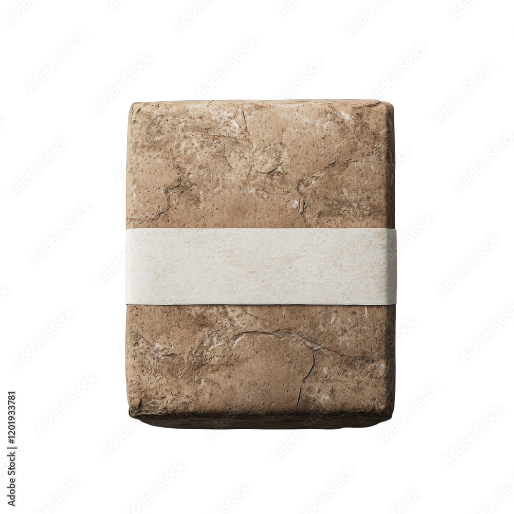 Aufkleber A rough textured stone block package with a plain off-white paper band around its center is shown against a white background.