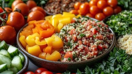 Colorful quinoa salad with vegetables, healthy food.  Use Recipe, blog, cookbook