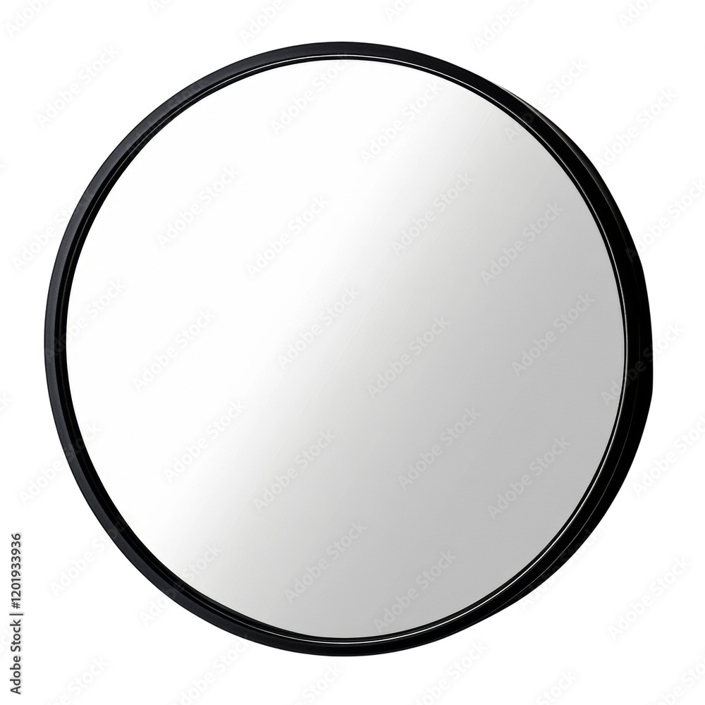 Aufkleber a modern round mirror with a sleek black frame is shown against a white background.