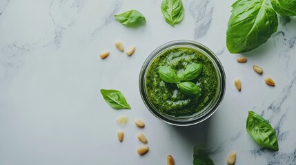A jar of pesto sauce with fresh basil leaves and pine nuts scattered on a clean surface