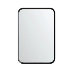 A contemporary rectangular mirror with a sleek black frame is mounted on a white wall.