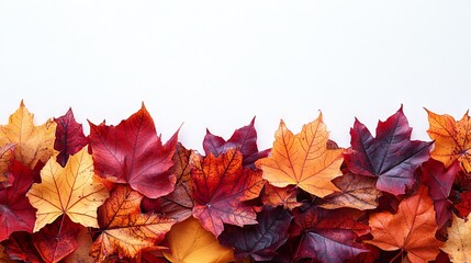 Fototapeta premium A vibrant collection of maple leaves in autumn hues, perfectly arranged against a clean white background showcasing the beauty of the fall season