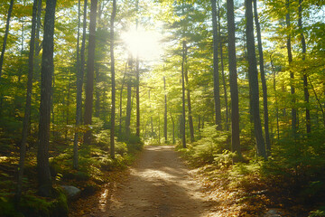 Obraz premium Sunlit path winding through a lush autumnal forest, dappled sunlight filtering through trees.