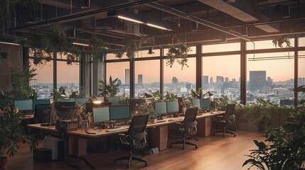 Fototapeta premium Modern office interior with city view, plants, and workstations.