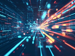 Abstract digital background with light streaks and data streams, representing fast technology, cybersecurity, or a large computer system in a futuristic city. High-speed motion blur effect. Digital.